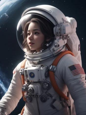 female astronaut, drifting in outer space