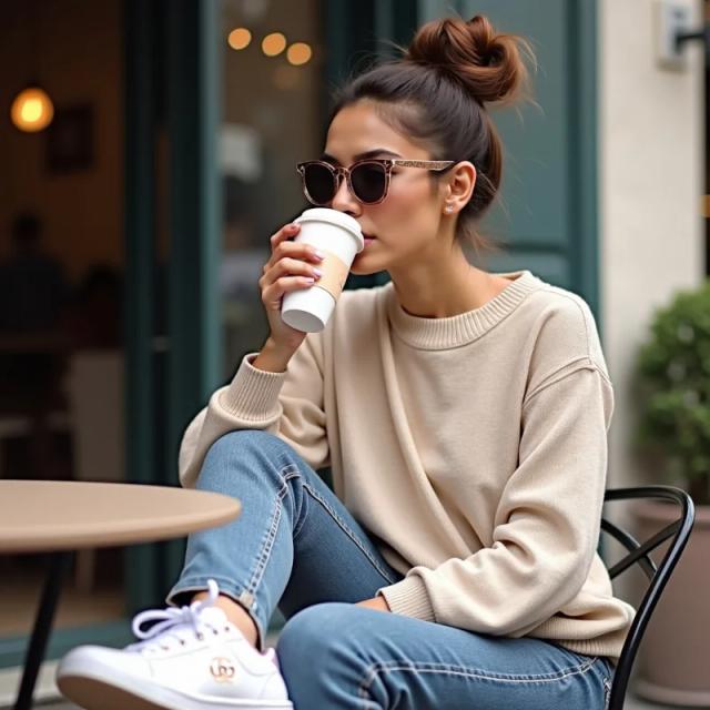 A realistic image of a stylish young mexican woman sipping from a chic coffee cup. She should be sitting outside of a trendy café table, dressed casually yet stylishly in an oversized sweater, skinny jeans, and white Gucci sneakers. Use a soft, pastel color palette with hints of rose gold for her outfit and the coffee cup. Her hair should be in a high bun, with minimal makeup and a pair of Chanel sunglasses on. The vibe should be relaxed but still polished, like she’s enjoying a luxurious moment in her day., portrait photography, photo, fashion, vibrant