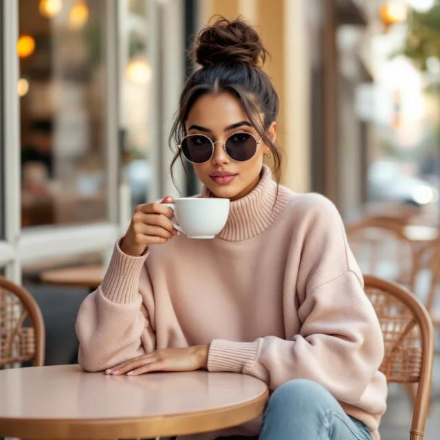 A realistic image of a stylish young mexican woman sipping from a chic coffee cup. She should be sitting outside of a trendy café table, dressed casually yet stylishly in an oversized sweater, skinny jeans, and white Gucci sneakers. Use a soft, pastel color palette with hints of rose gold for her outfit and the coffee cup. Her hair should be in a high bun, with minimal makeup and a pair of Chanel sunglasses on. The vibe should be relaxed but still polished, like she’s enjoying a luxurious moment in her day., portrait photography, photo, fashion, vibrant