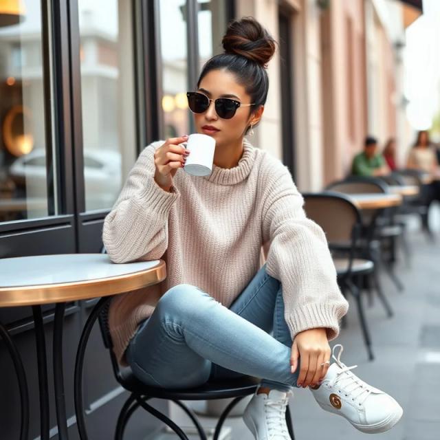 A realistic image of a stylish young mexican woman sipping from a chic coffee cup. She should be sitting outside of a trendy café table, dressed casually yet stylishly in an oversized sweater, skinny jeans, and white Gucci sneakers. Use a soft, pastel color palette with hints of rose gold for her outfit and the coffee cup. Her hair should be in a high bun, with minimal makeup and a pair of Chanel sunglasses on. The vibe should be relaxed but still polished, like she’s enjoying a luxurious moment in her day., portrait photography, photo, fashion, vibrant