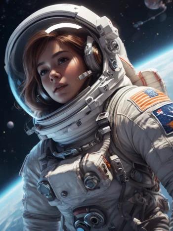 female astronaut, drifting in outer space