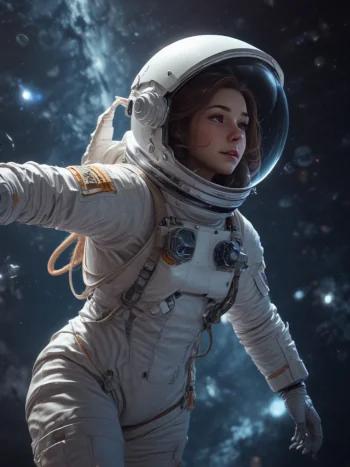 female astronaut, drifting in outer space